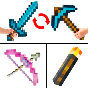 Набор оружия из Майнкрафт: Алмазная кирка-меч трансформер + Факел + Лук зачарованный