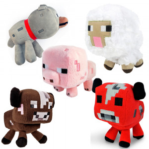 Набор 5 плюшевых героев из Майнкрафт: волк + овечка + свинка + телёнок + грибная корова