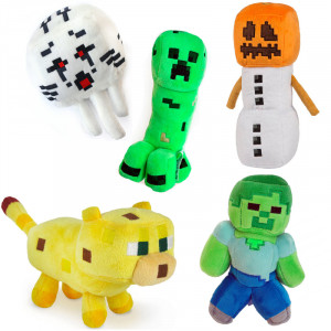 Набор 5 плюшевых героев из Майнкрафт: гаст с красными глазами + крипер + зомби + снежный голем + маленький детёныш оцелота
