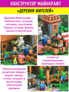 Конструктор Майнкрафт Маленькая деревня в подарочном боксе, 1106 деталей, 8 фигурок